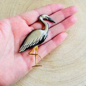 VTG Shields Pewter Stork Bird Pin Brooch two tone large Designer Rare